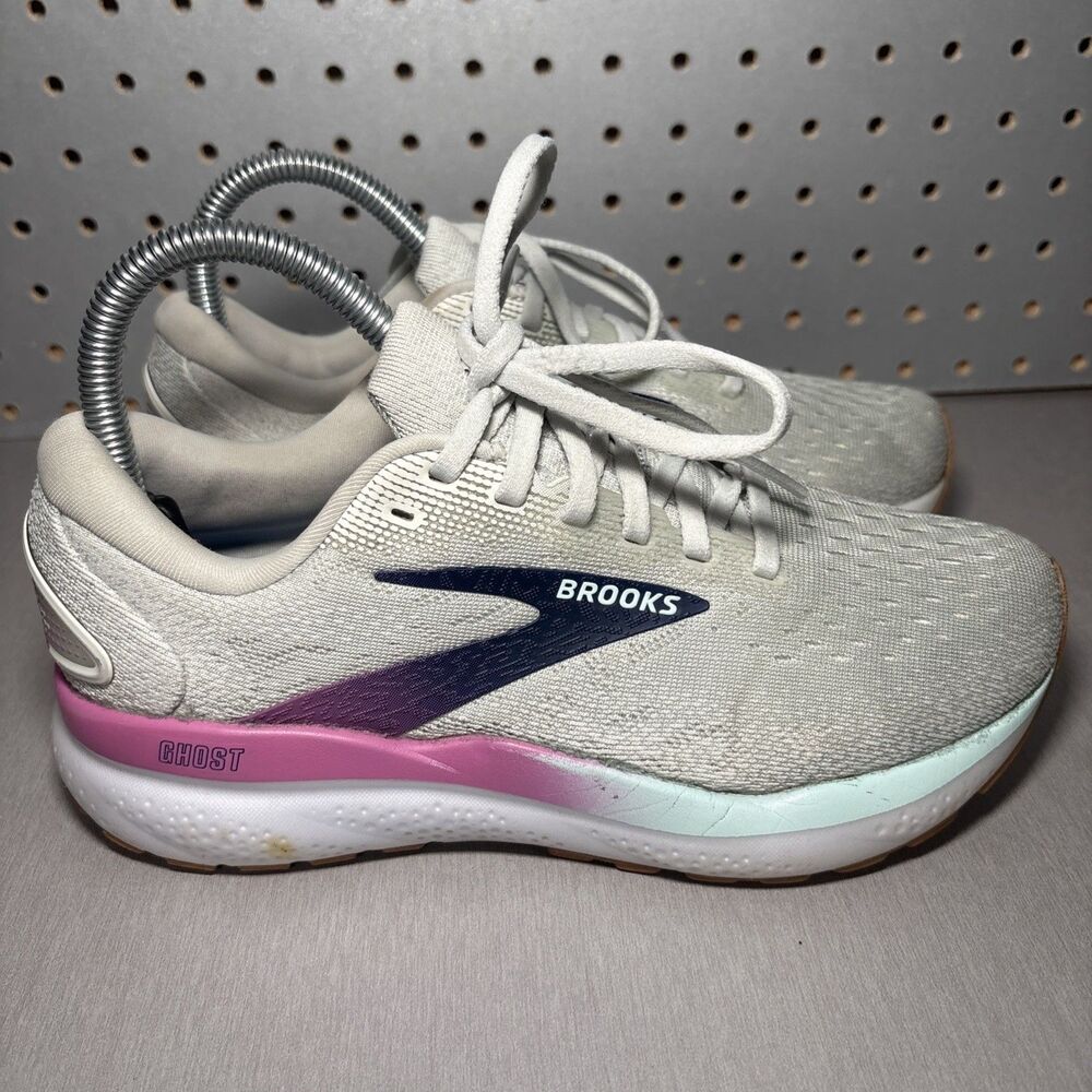 Brooks Ghost 16 Running Shoes Womens Sz 6.5 White Gray Pink Sneakers NO INSOLES